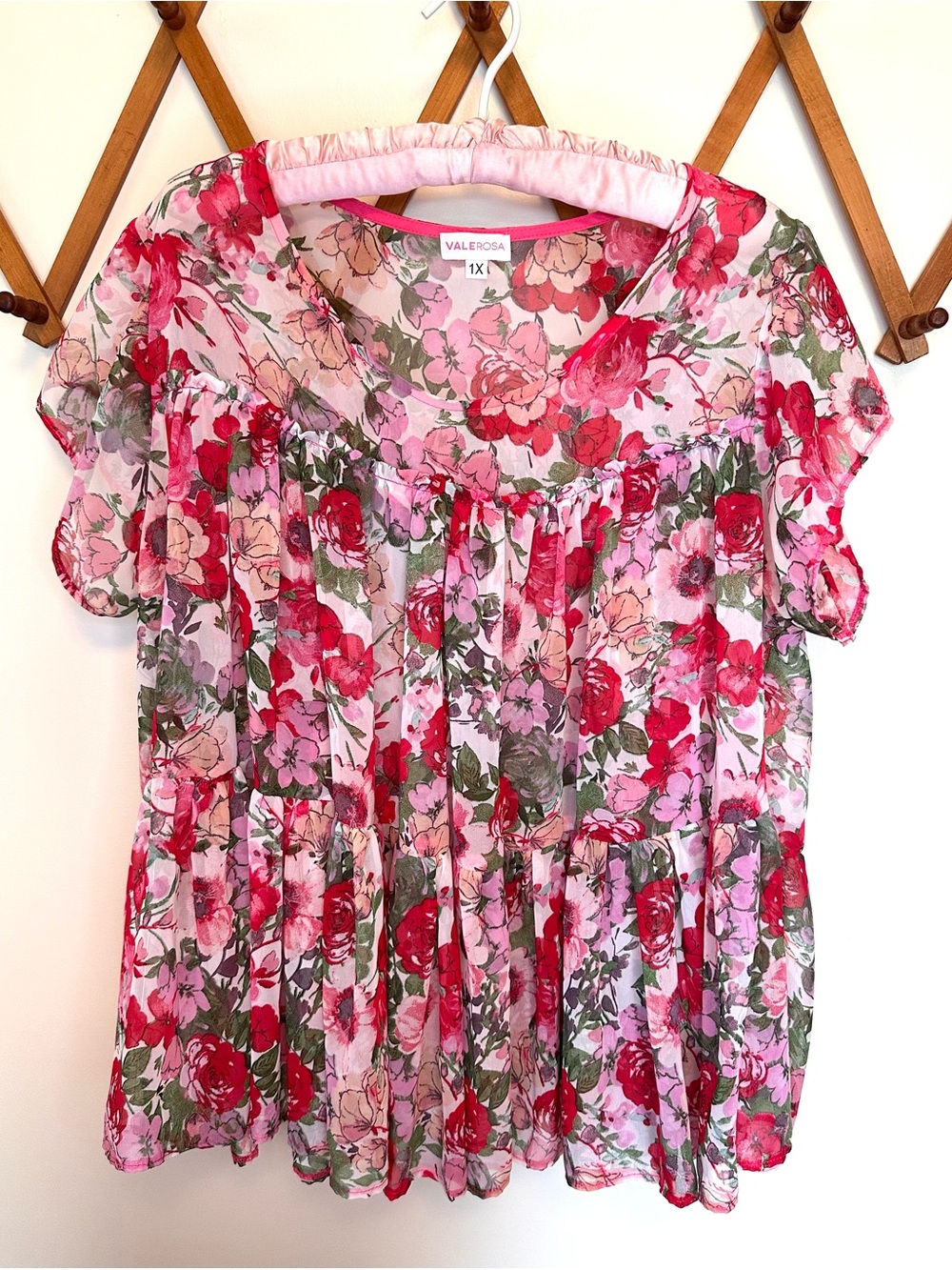 Valerosa Floral Semi-Sheer Babydoll Blouse in Pink & Red - 1X